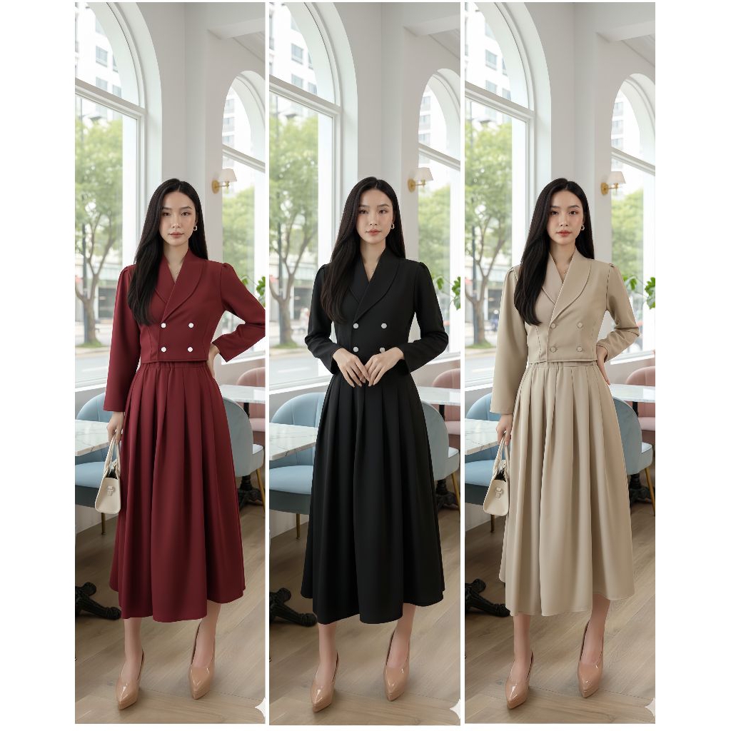 8070 - Set Stelan Blazer Crop Lengan Panjang + Rok Midi Bahan Katun Crepe Premium