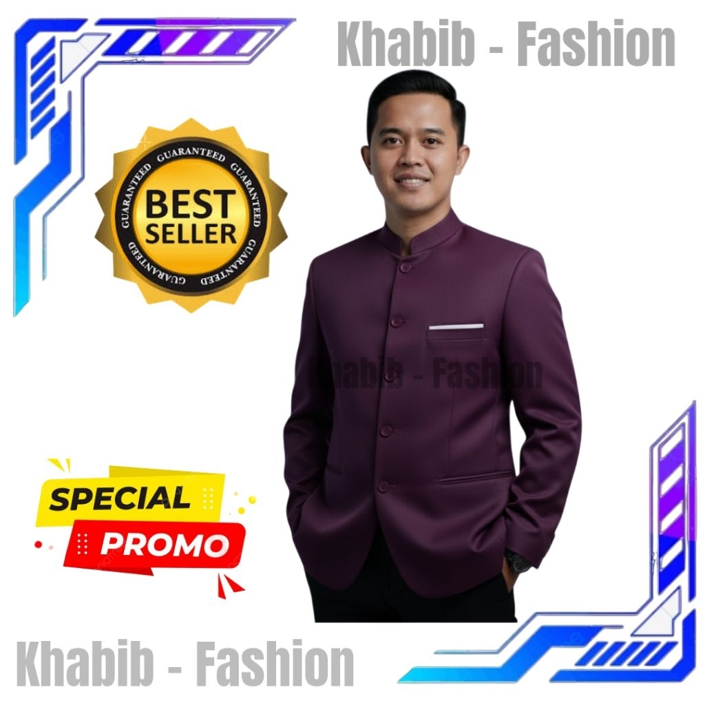 JAS KOKO JASKO MANDARIN PRIA WARNA UNGU BURGUNDY LIST SAKU PUTIH