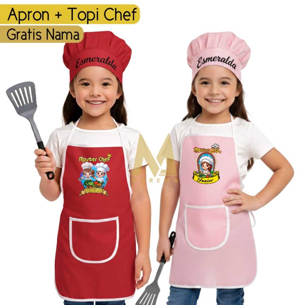 Celemek Anak Satu Set Topi Koki Gratis Nama Sablon DTF Usia 5 Sampai 10 Tahun Apron Anak Laki Laki D