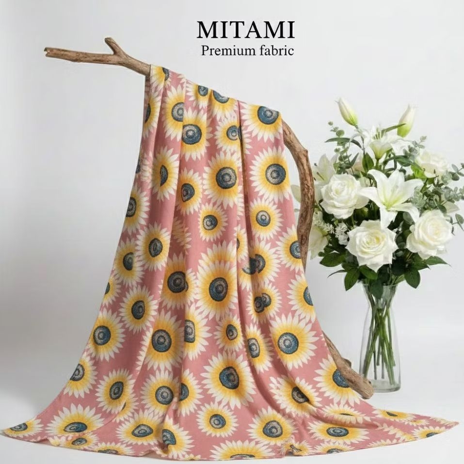 Kain Ceruti Babydoll Premium Motif Sunflower Pink Dusty Printing Meteran | Ceruty Import (Harga Per 