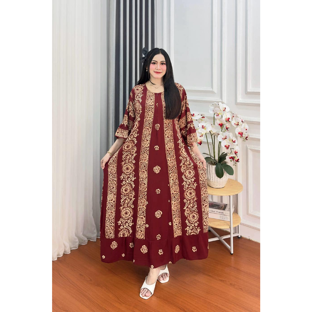DRESS MAWAR RAYON SUPER JUMBO LD 130CM MOTIF MAWAR LENGAN 3/4 GROSIR DASTER JUMBO SANTAI WANITA