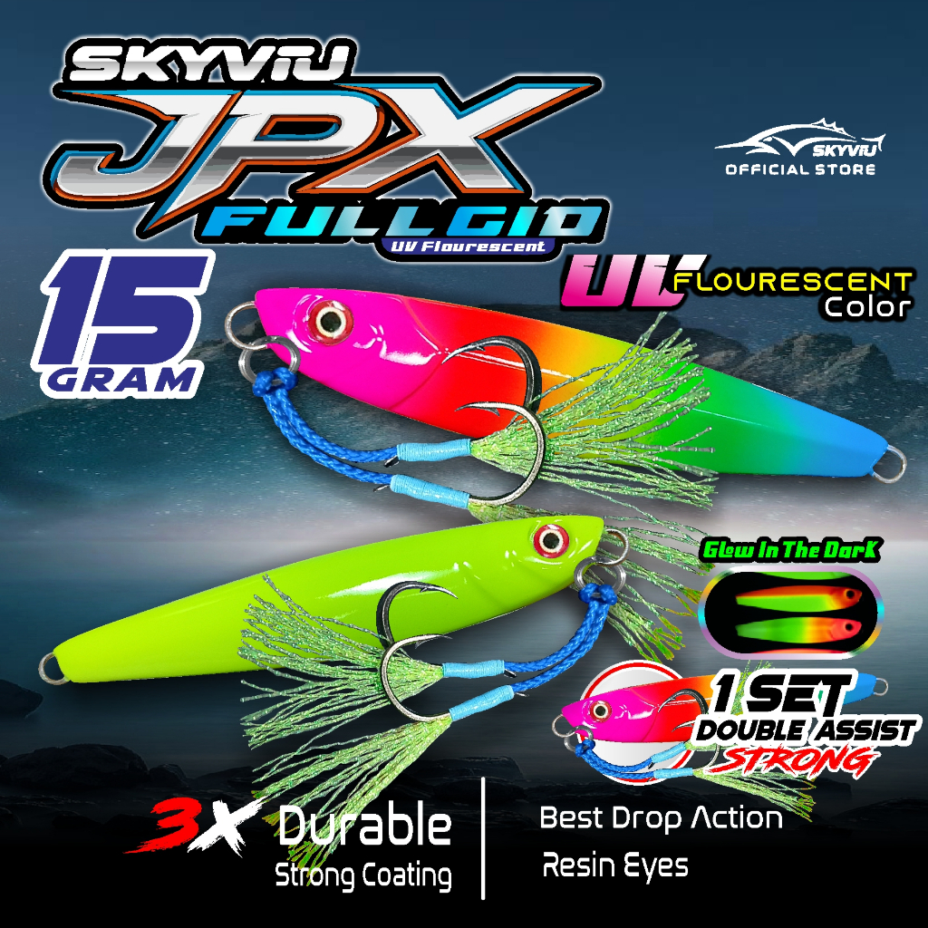 Micro Jig 15g SKYVIU JPX Full GID UV Neon 1 Set Double Assist Hook Umpan Pancing Laut 15gr Murah Ump