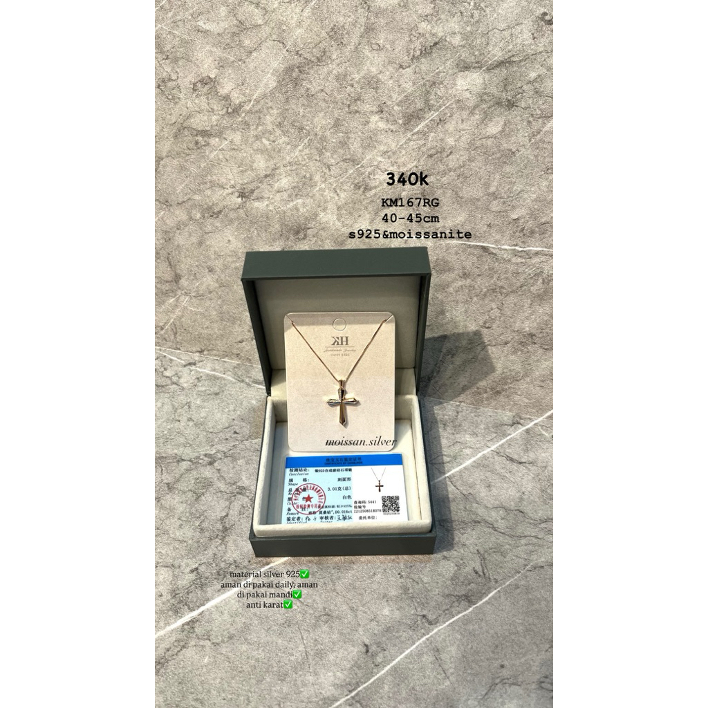KM167RG |Kalung Italy Rosegold Salib Kecil Moissanite Perak s925 Silver s925