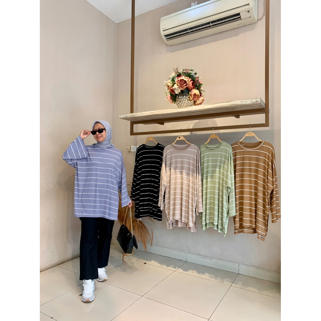 PIPOPI ATASAN WANITA SARIA TOP KAOS WANITA GARIS GARIS RAYON SPANDEX