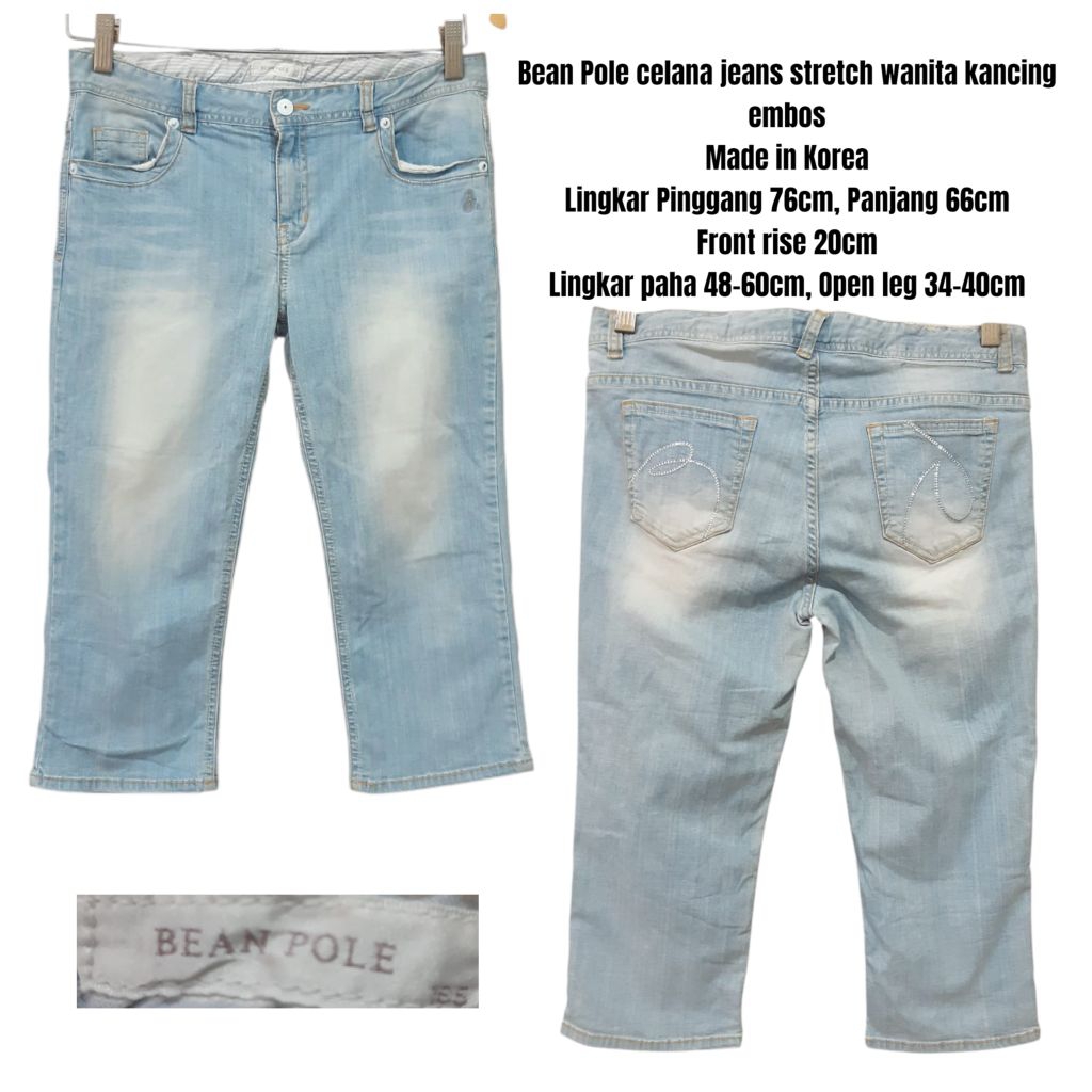 Bean Pole celana washed jeans stretch wanita kancing embos