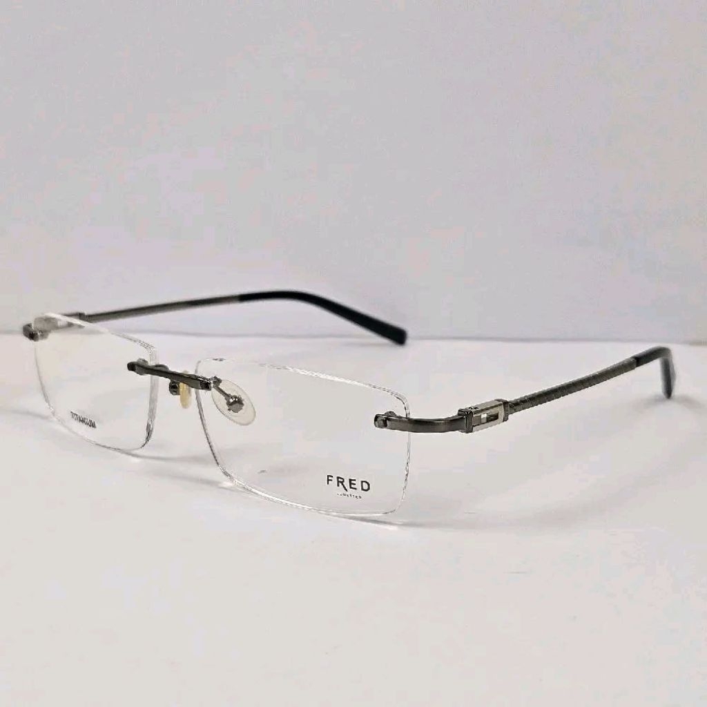 frame kacamata pria wanita elegan kotak fred frameless bor titanium FLB44083 gunmetal grey bisa lens