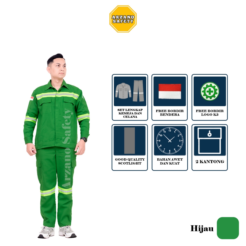 ARZANO SAFETY - Wearpack stelan baju stelan safety warna hijau lengan panjang