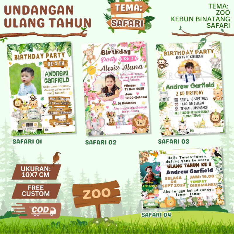 (PER PACK) Undangan Ulang Tahun Anak Custom Tema Safari Zoo - Kartu Undangan Ultah Tema Animal