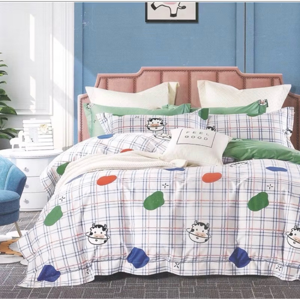 Sprei Motif Geometri Kotak Tartan Cottonir Sateen Queen Size 160x200