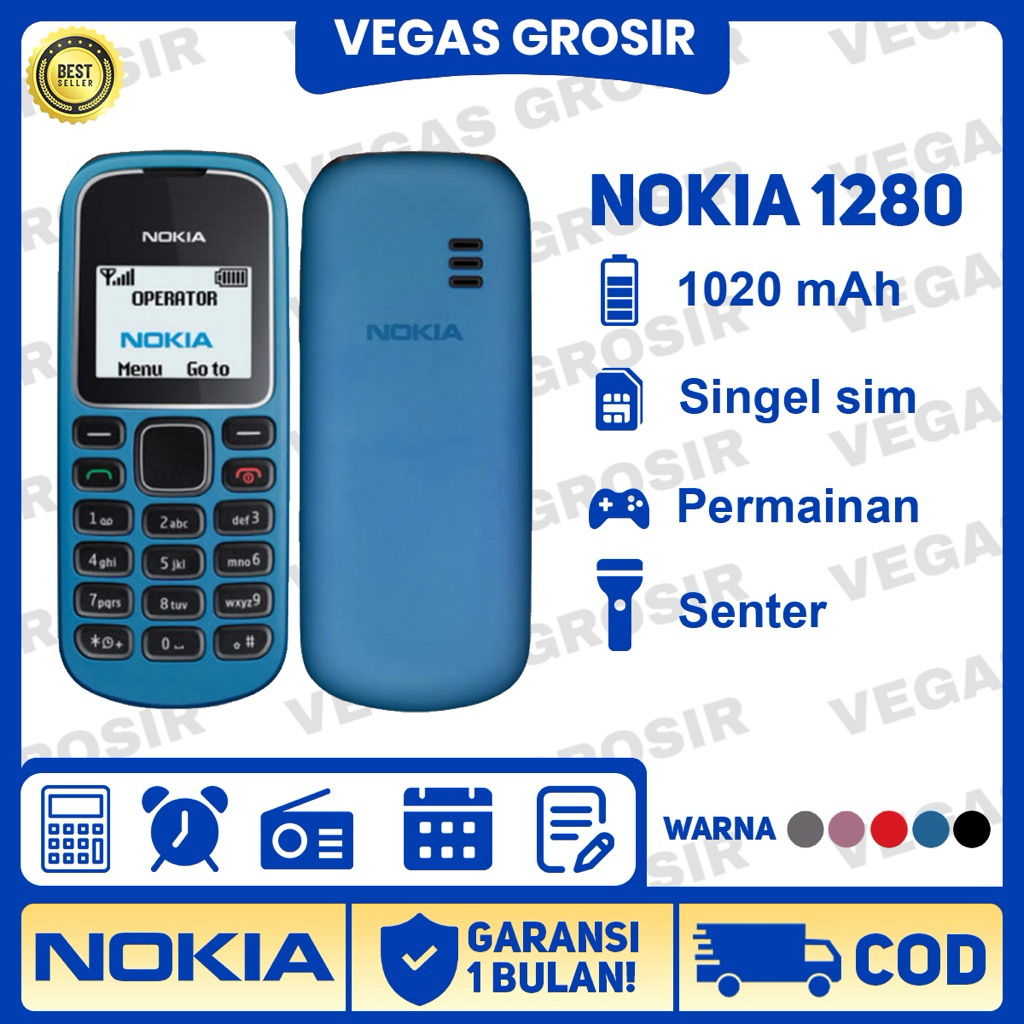 HP NOKIA 1280 (BARU) [GARANSI 1 TAHUN] Senter,HP Jadul Single SIM, TERMURAH BAGUS AWET