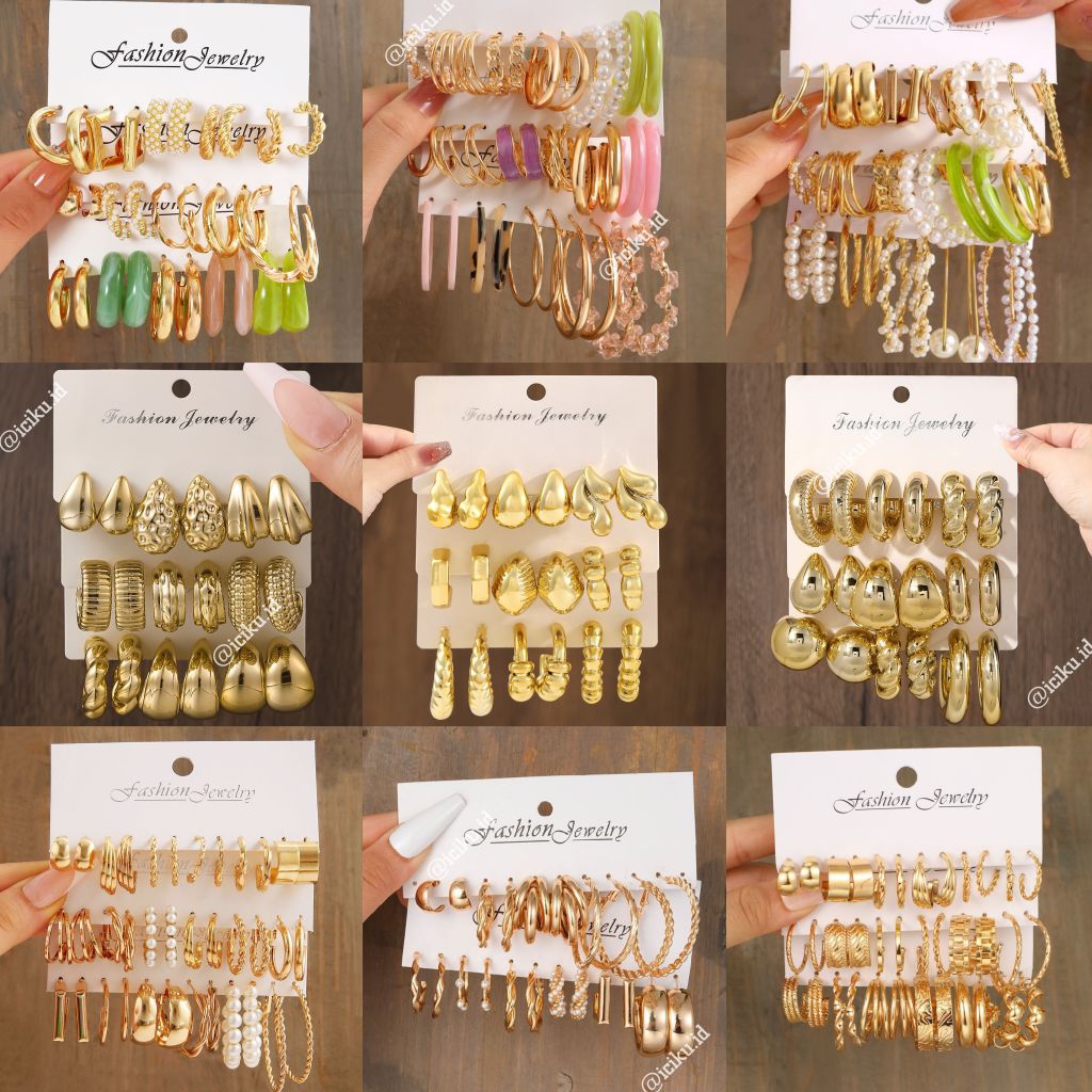 Anting Wanita Bulat Hoop Klip Juntai Kait Magnet Plug Tindik Earring Set