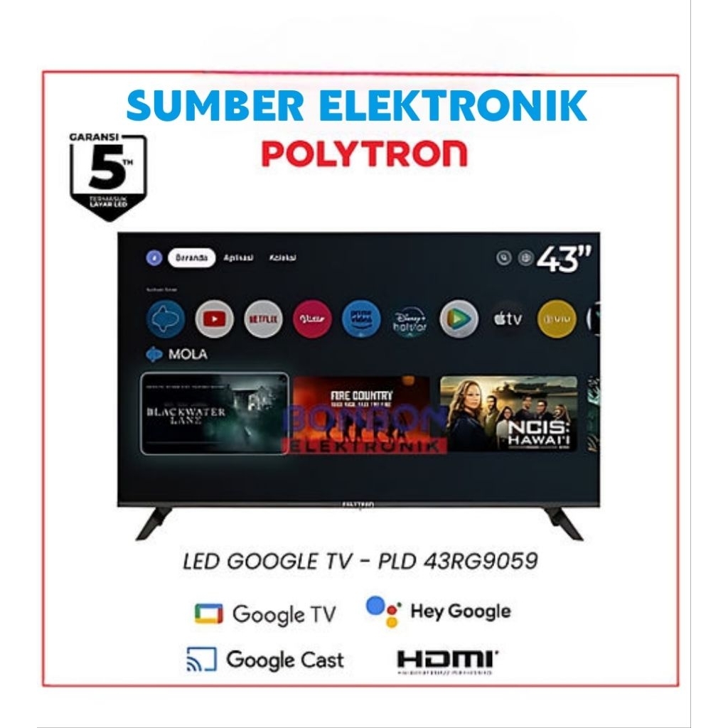 GOOGLE TV POLYTRON 43 INCI PLD 43RG9059 BERGARANSI RESMI 5 TAHUN