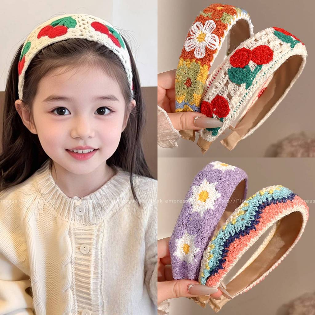 Bando Wol Rajut Bordir Bunga untuk Wanita anak dan Dewasa | Aksesoris Rambut Rajut
