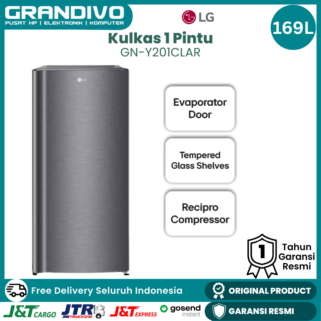 Kulkas LG 1 Pintu 169 Liter Low Watt Bio Shield Semi Auto Defrost Tempered Glass - GN Y201CLAR