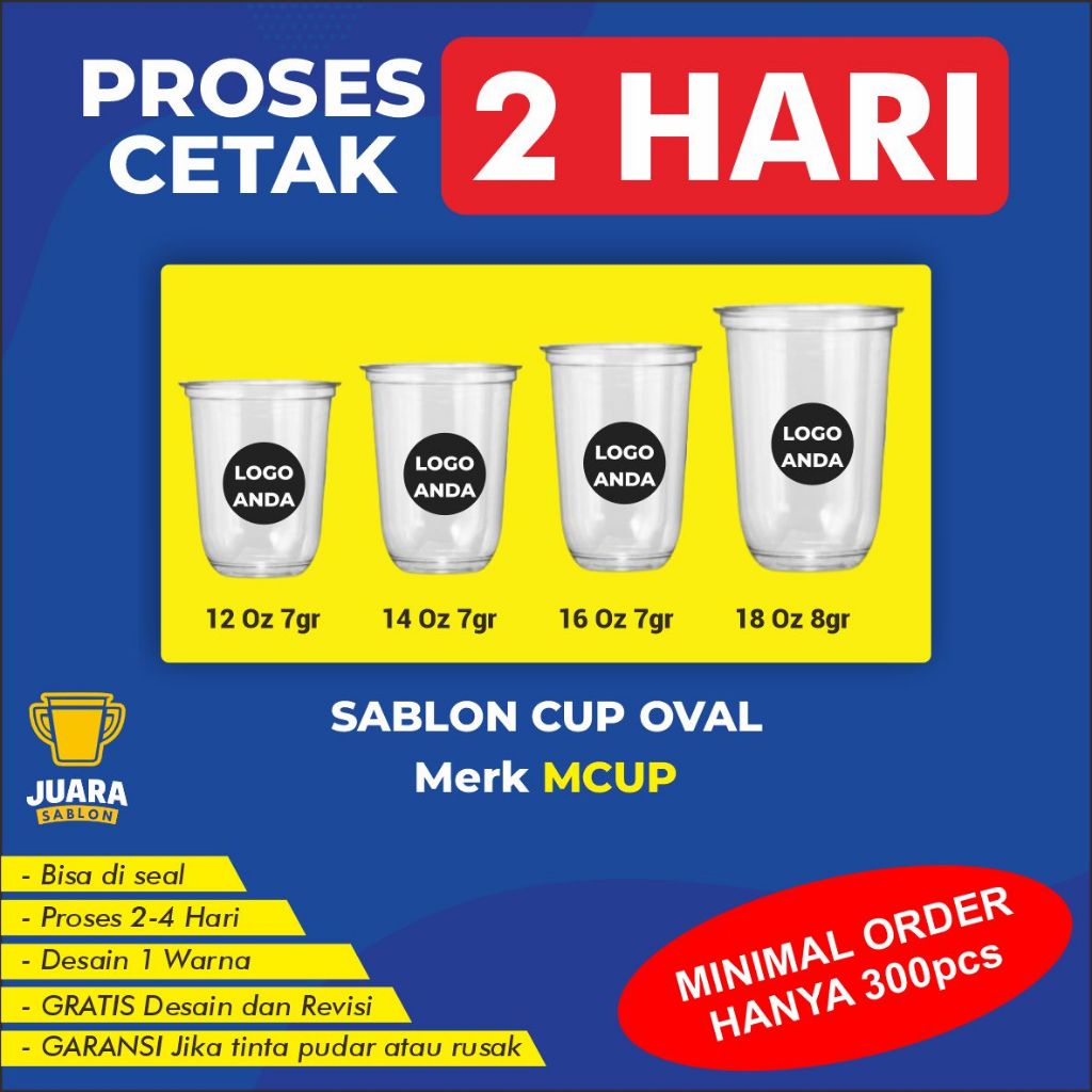 Sablon Cup Oval Gelas Packaging Plastik PP Custom 12 Oz, 14 Oz, 16 Oz, 18 Oz Tebal 7-9 Gram