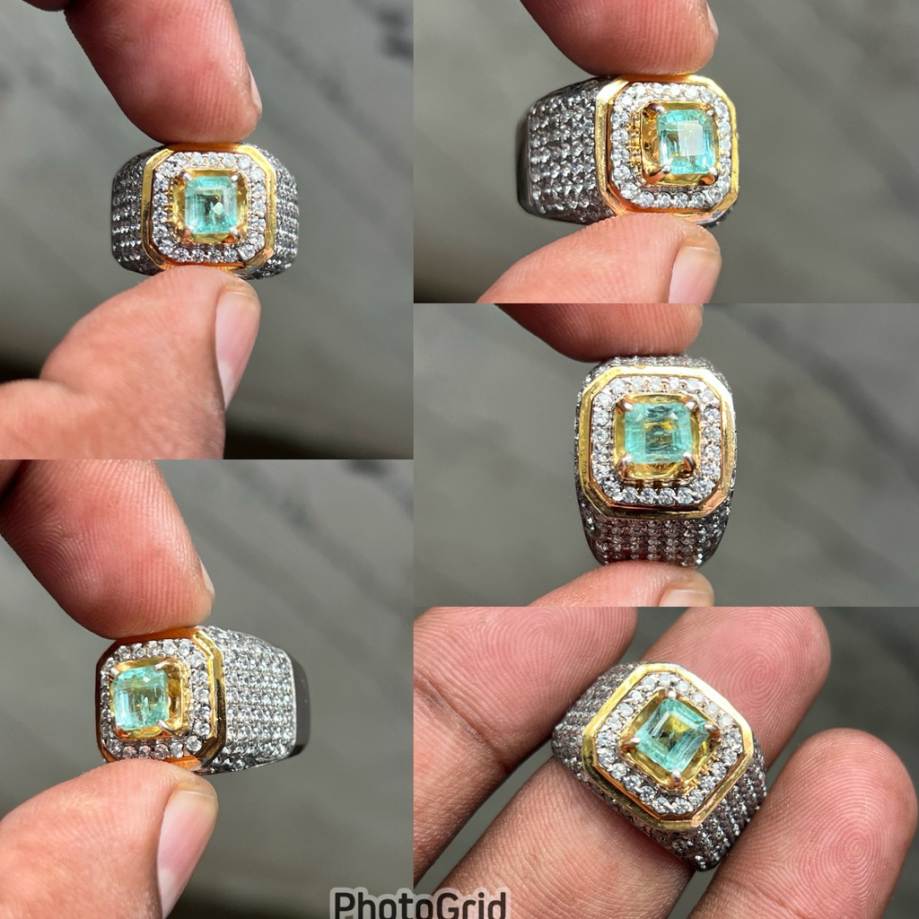 Cincin Batu Zamrud Colombia Natural Nigerian Emerald Beryl Jamrud Ring Perak Dim 6x5.5x4