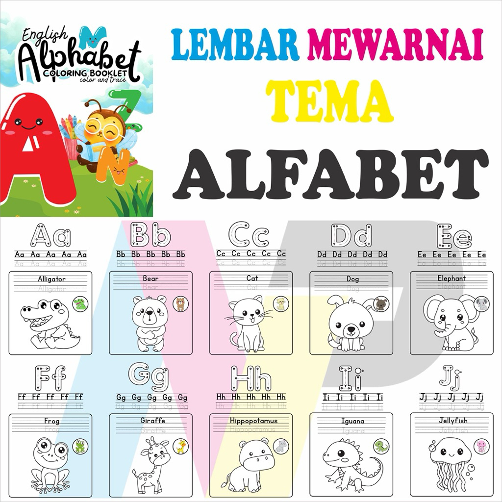 Paket Lembar Gambar Mewarnai Huruf Alfabet dan Hewan Kertas A5 Kertas Belajar Mewarnai Anak-Anak Hur