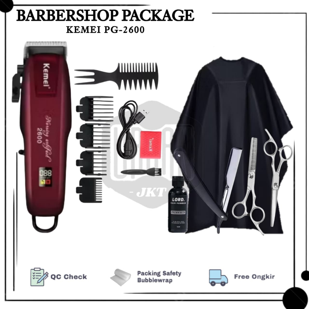 Alat Mesin Cukur Rambut Baterai Cas Original Kemei Paket Barbershop Set Lengkap Gunting Stainless