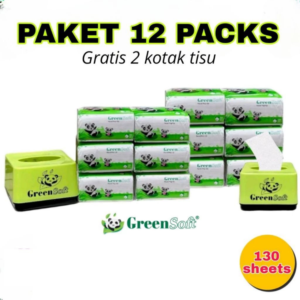 PAKET 12PACKS Tissue Greensoft Pop Up Facial Tissue Mini 130 sheets Free Dispenser Tissue  Greensoft