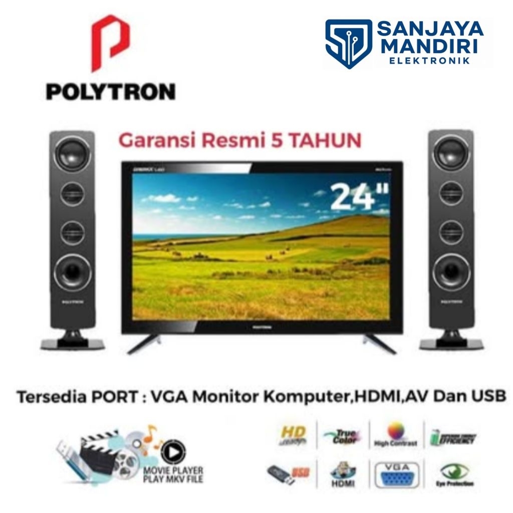 Garansi 5 Tahun  POLYTRON LED TV CinemaX 24" Dengan Tower SPEAKER  LED TV POLYTRON + Monitor Kompute