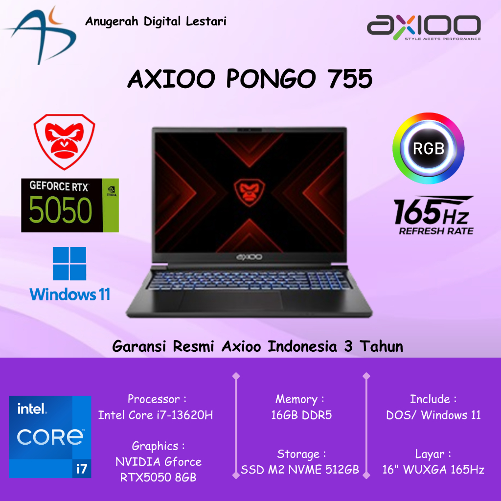 Axioo Pongo 755 Core i7-13620H 16GB DDR5 512GB 15.6" WUXGA IPS 165Hz Axioo Pongo Gaming