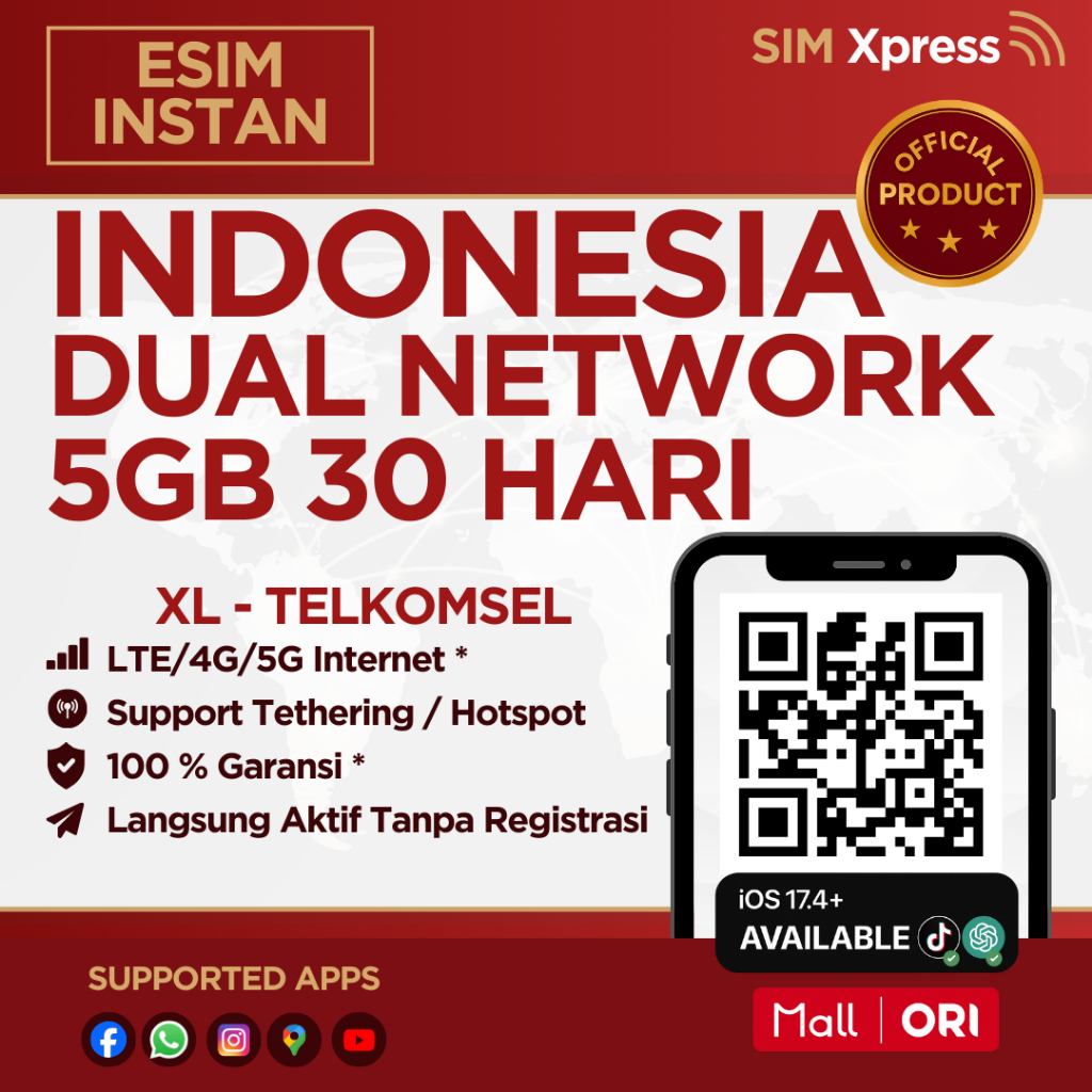 SIM XPRESS - eSIM Roaming XL Indonesia 5 GB Data | 30 Hari | eSIM Roaming