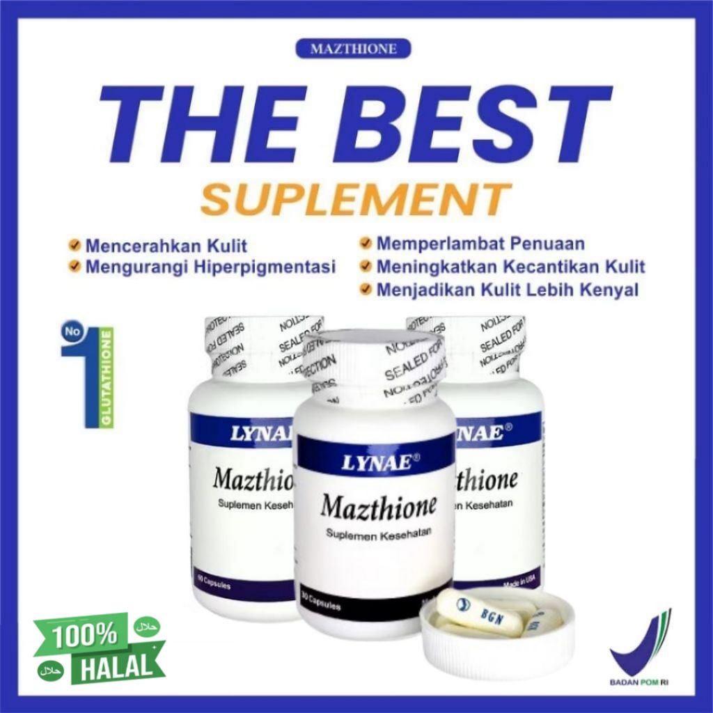 Mazthione Lynae Glutathione Suplemen Pemutih Badan 60 Kapsul HAHAL Bpom