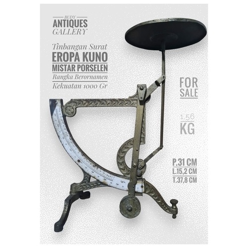 Timbangan Surat Eropa Kuno Mistar Porselen Rangka Berornamen Kekuatan 1000 Gr