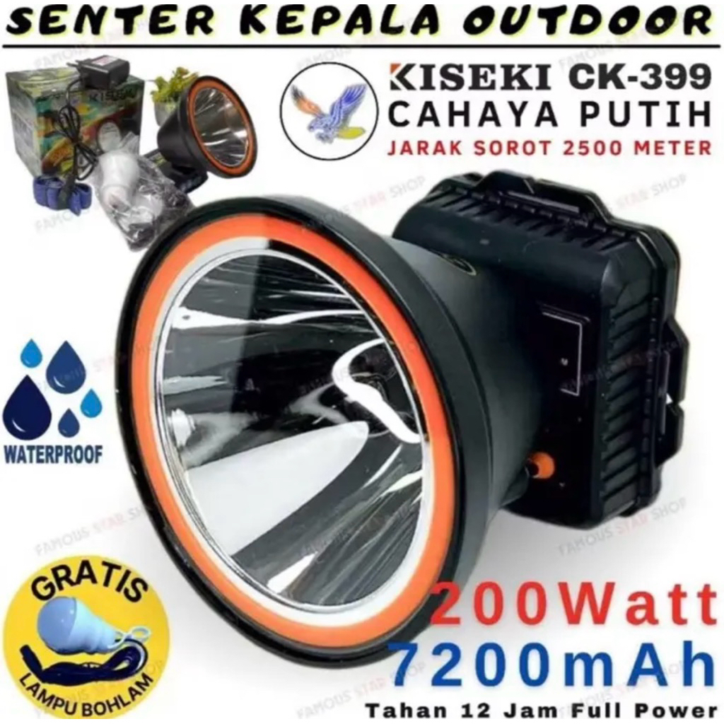 HeadLamp LED Waterproof KISEKI CK-399 200 Senter Kepala KISEKI 200 Watt CK-399N Cahaya Putih - CK-39
