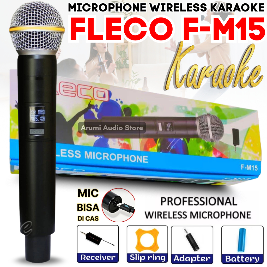 Microphone Wireless Profesional Fleco F-M15 Mic Single Tanpa Kabel Digital Bisa Di Charger UHF Suara