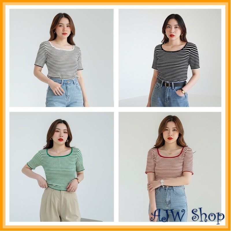 AJW Rajut Stripe Wanita Lengan Pendek Salur Garis Garis HAC | Kaos Pendek Wanita | Kaos Rajut | Kaos