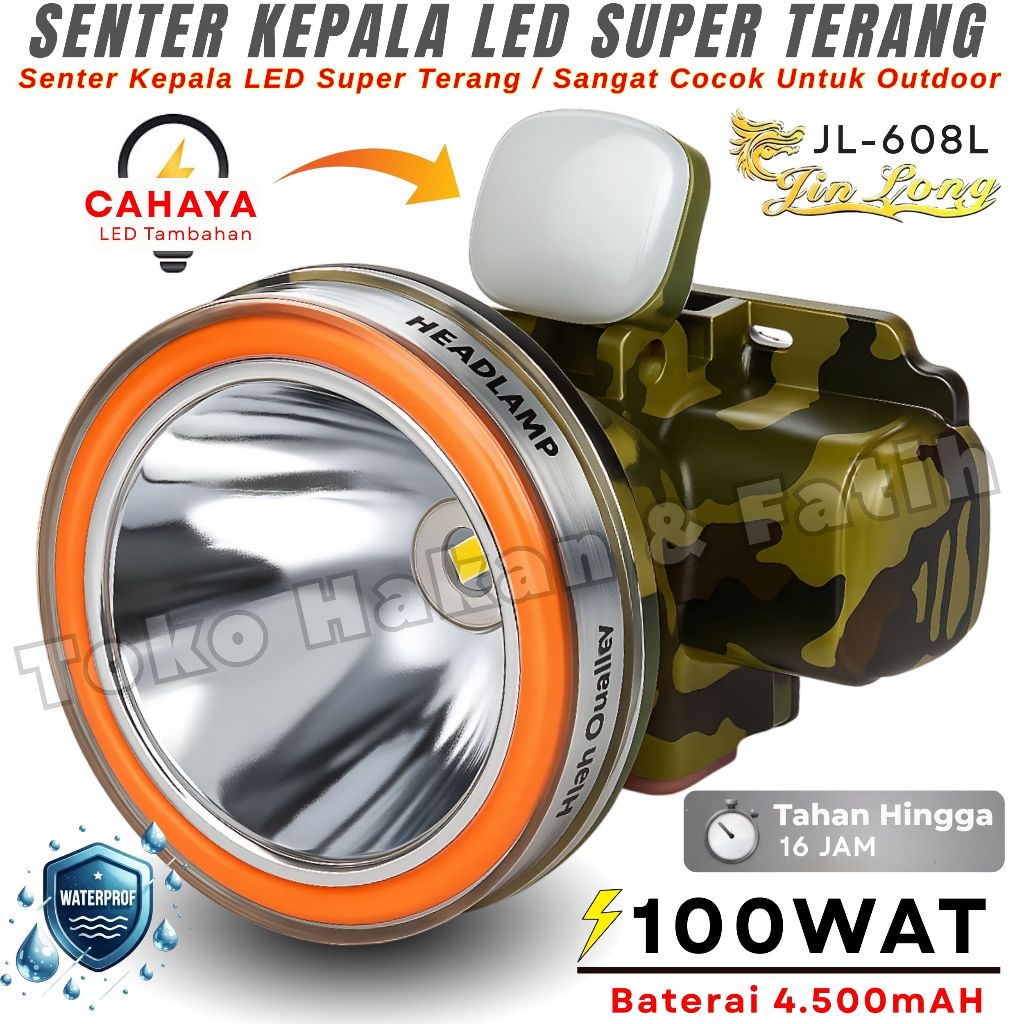 Terbaru~Senter Kepala LED JINLONG JL-608L , Daya 100wat , Baterai 4500mAh , Tahan Hingga 16jam , LED