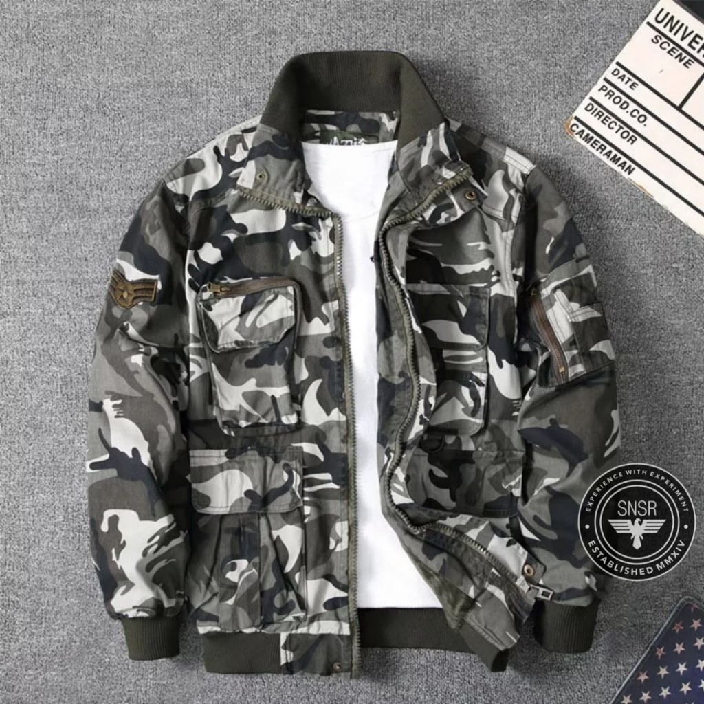 Jaket Bomber Pria Camo Army / Jaket Bomber Kanvas / Jaket Bomber Loreng Sensor / Jaket Bomber Camo P