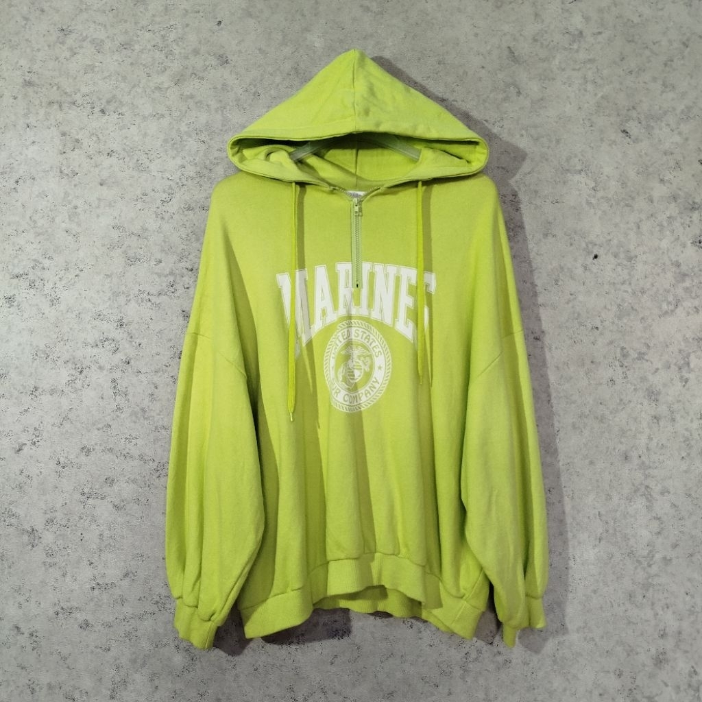 Pullover Hoodie Half Zipper Unisex GAGA MARINES Hijau Stabilo Big Printing depan Casual Hoodie half 