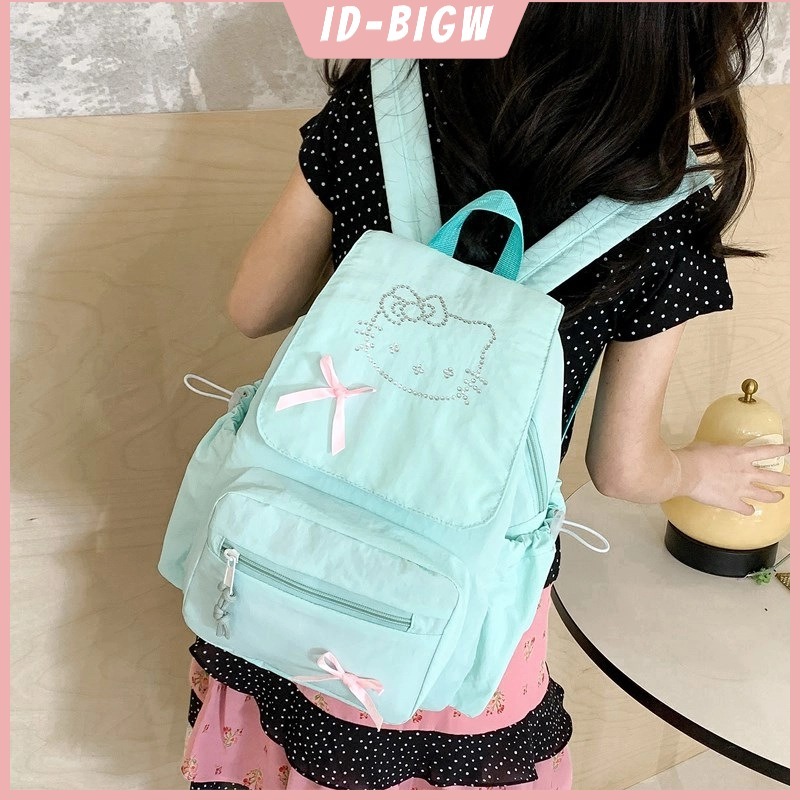 Tas Ransel Korea Kucing Kt Dengan Pita Berlian Imitasi Warna Hijau Mint Gaya Manis Musim Panas Tas K