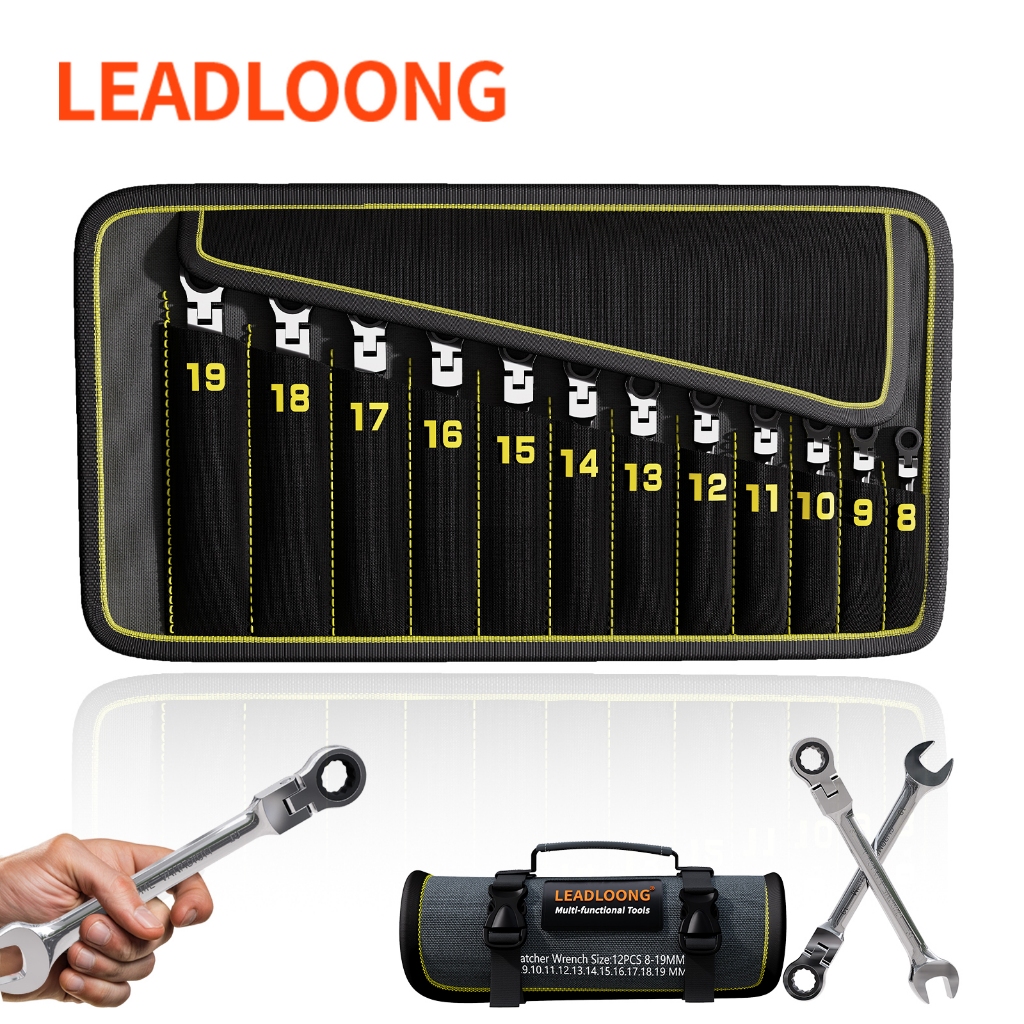 LEADLOONG Set Kunci Pas Ring Ratchet 72 Gigi 8/12/22Pcs + Tas Kanvas Kunci Ring Pas Kombinasi Dua Ar