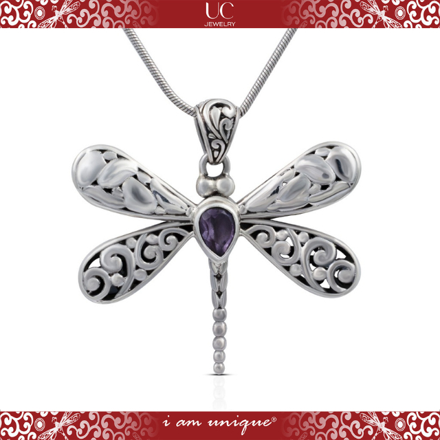 UC Jewelry Liontin Capung Perak asli 925 dengan Permata Amethyst dan Ukiran Bali