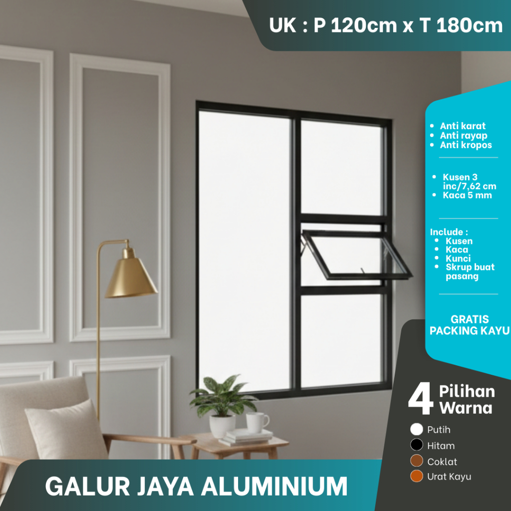 JENDELA ALUMINIUM KOMBINASI JUNGKIT KACA MATI UK T 180 x P 120 BAHAN ALEXINDO