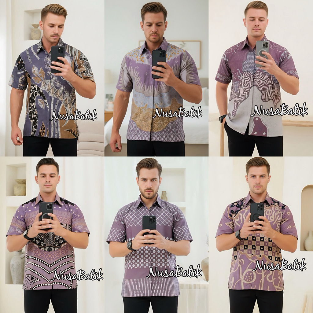BAJU BATIK PRIA WARNA UNGU/MAUVE/PURPLE ATASAN BATIK PRIA MODERN KEMEJA LENGAN PENDEK PRIA