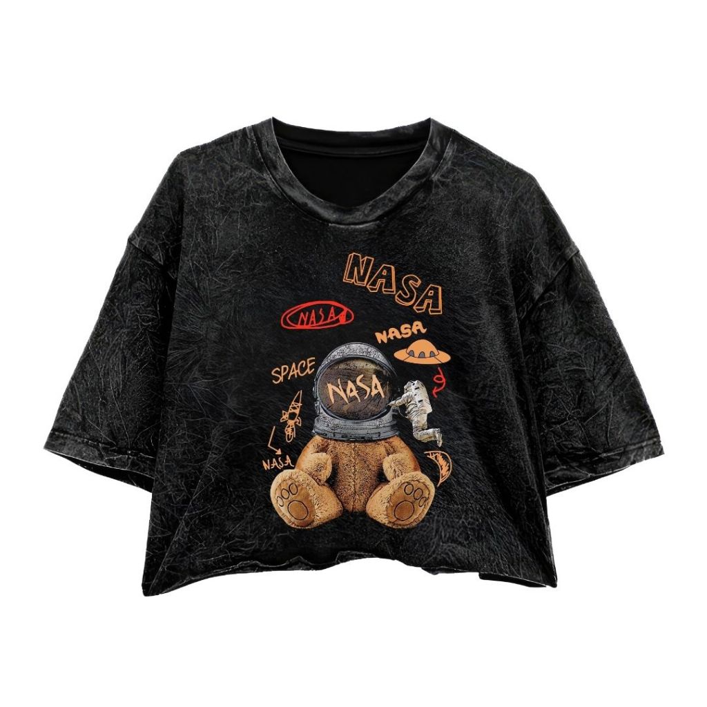 Kaos Crop Top "Nasa" Stone Wash Oversize | Kaos Wanita | Crop Tee | Kaos Kartun