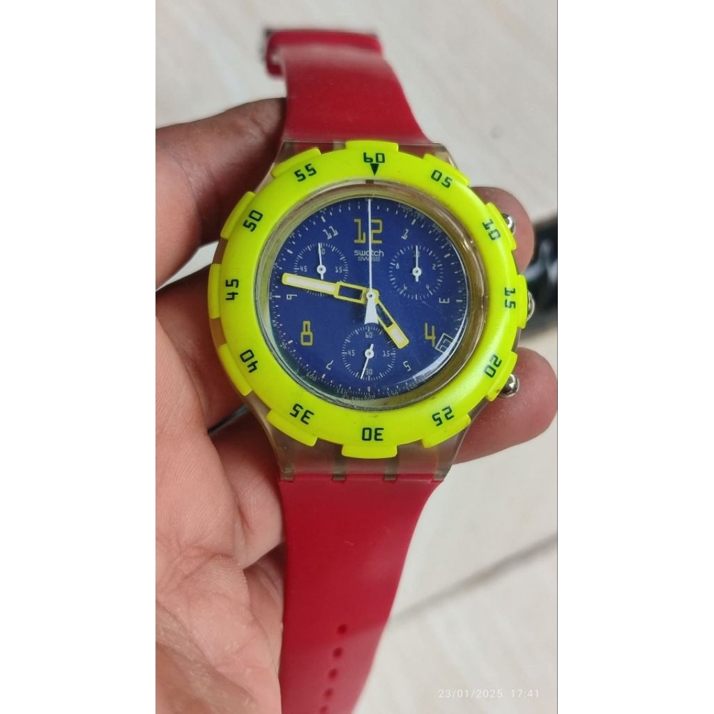Jam tangan Swatch Aqua Chrono Fluo in Water Blue dial Original Vintage Big size