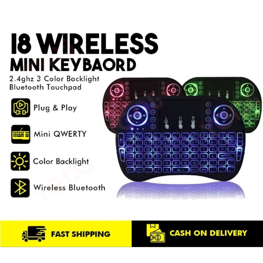 Mini Keyboard wireless i8 with 3 colour blacklight include baterai BL5C Blacklight Aksesoris Elektro