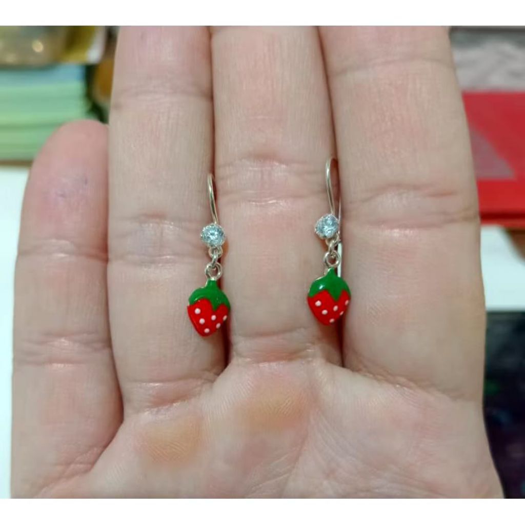 Anting Kait Anak strawberry Perak Asli 925 Lapis Emas