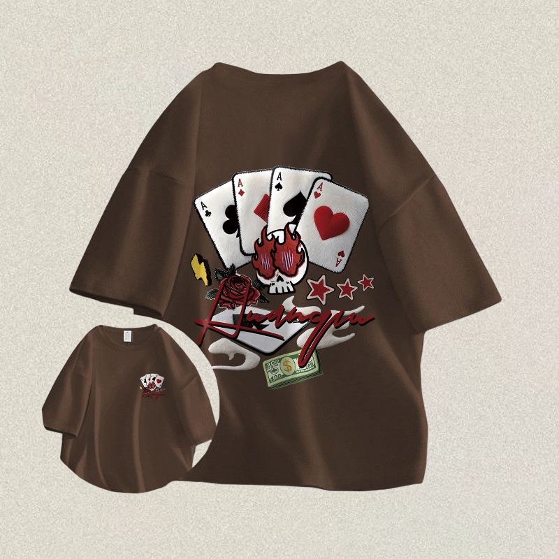 RENELLE Baju Kaos Oversize Pria | Poker Amerika A Tengkorak Api Tanaman Mawar Huruf | Kaos Pria Dist
