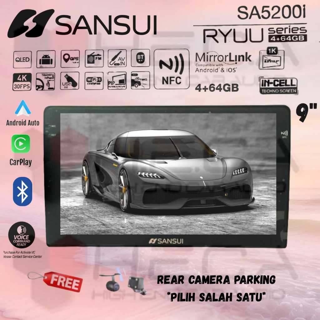 Sansui RYUU Gen3 QLED NFC 4/64 GB Android G3 9" Inch SA-5200I Head Unit Tape TV Mobil Double din + K