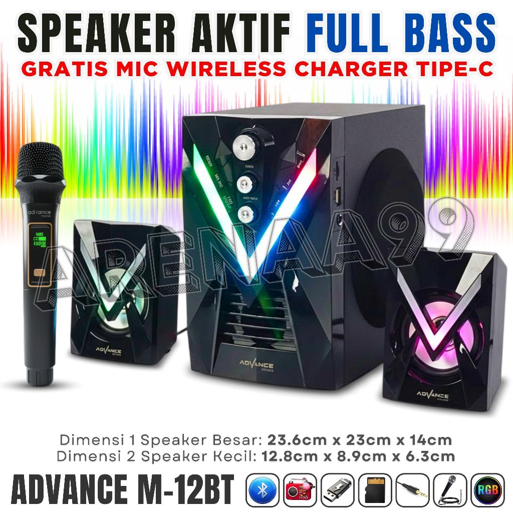 Speaker Aktif Full Bass FREE Mic Wireless Bisa Dicas Speaker 2.1 ADVANCE M-12BT Fitur Karaoke / Blue