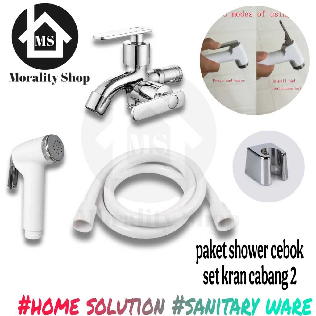 paket hemat shower cebok kloset JMT / jet shower bidet putih set kran cabang 2 chrome minimalis FF