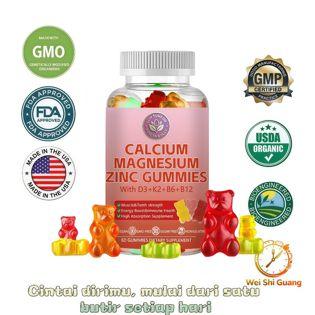Calcium Magnesium Zinc Gummies 60pcs with Vitamin D3 K2 B6 B12 Supports Bone Health, Nerve Immune Fu