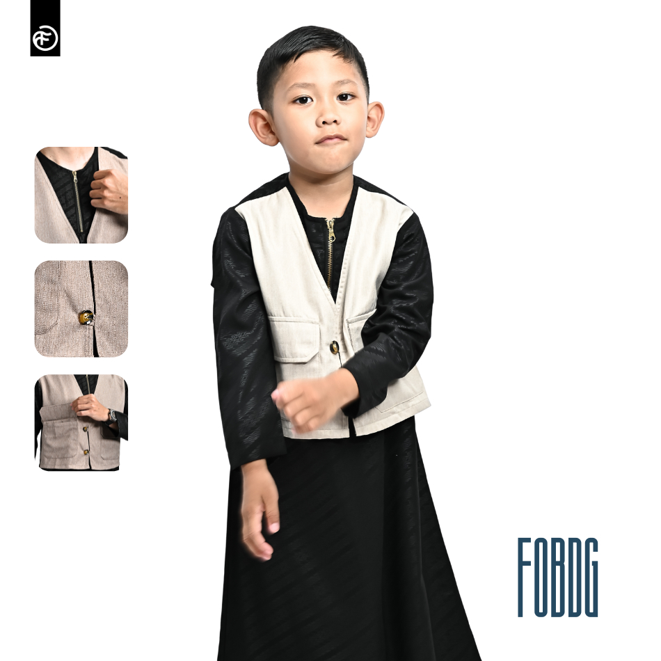 FOBDG Gamis Jubah Anak Laki Laki Ber rompi menyatu HItam Lengan Panjang Terbaru Lebaran