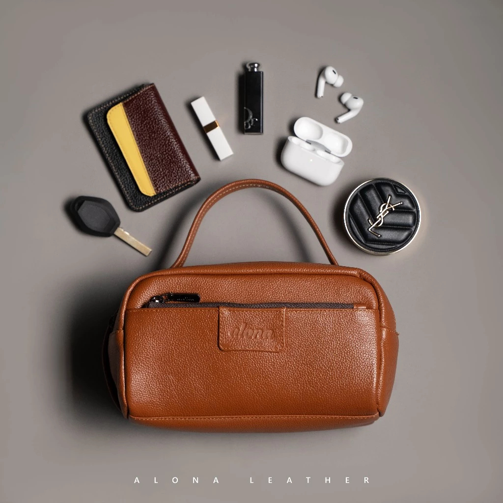 Tas Kulit Mini Alona Pouch Premium Make Up Kosmetik MakeUp Wanita 100% Kulit Sapi Asli Original Bran